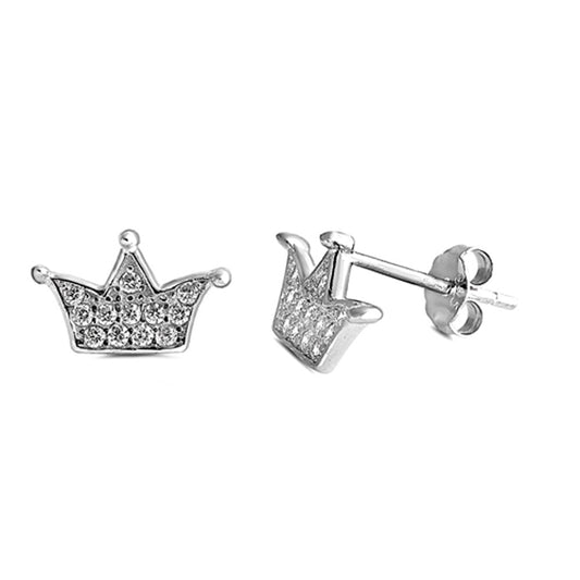 Studded Cute Tiny Crown Royalty Clear Simulated CZ .925 Sterling Silver Earrings