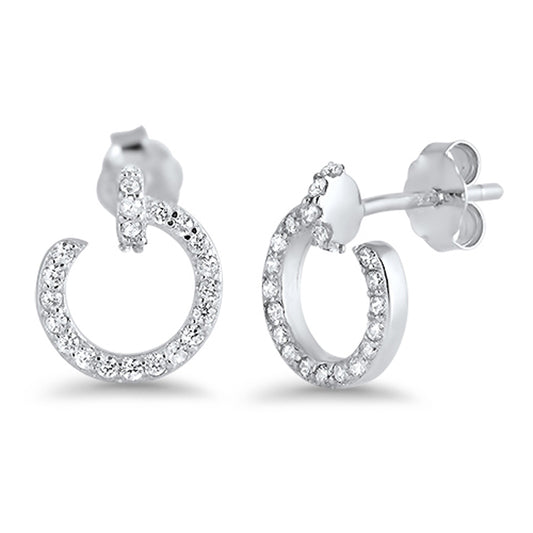 Open Studded Hoop Tiny Clear Simulated CZ .925 Sterling Silver Simple Earrings