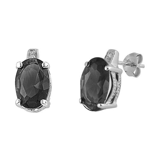 Classic Studded Fashion Oval Simple Black Simulated CZ .925 Sterling Silver Earrings