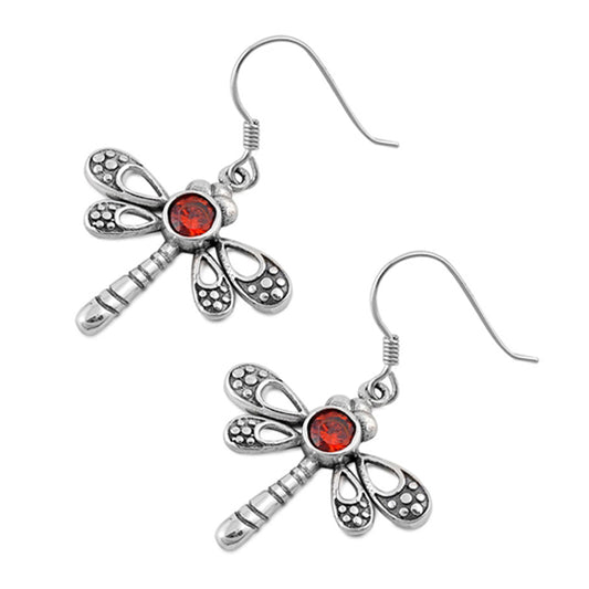 Detailed Insect Dangle Dragonfly Animal Simulated Garnet .925 Sterling Silver Earrings