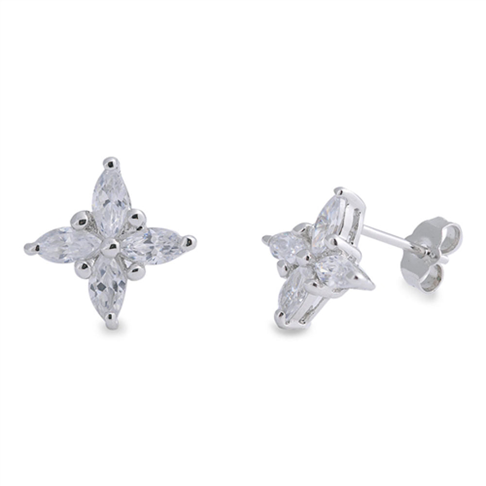 North Star Studded Four Point Sparkly Clear Simulated CZ .925 Sterling Silver Earrings