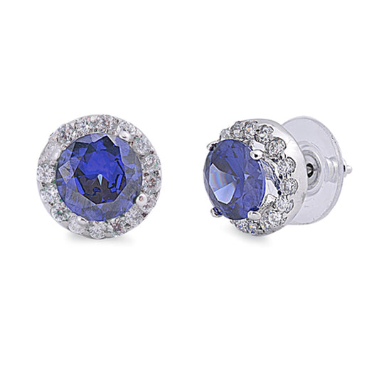 Eternity Studded Circle Endless Blue Simulated Sapphire Clear Simulated CZ .925 Sterling Silver Earrings