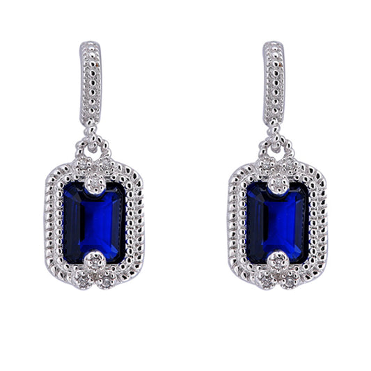 Bold Fancy Rectangle Statement Dangle Bead Rope Blue Simulated Sapphire Clear Simulated CZ .925 Sterling Silver Earrings