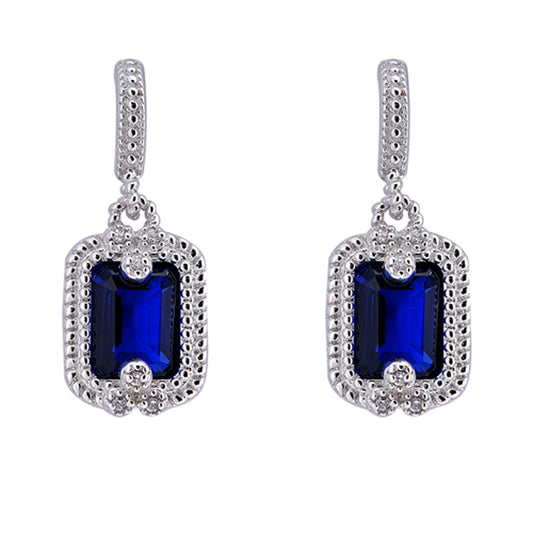 Bold Fancy Rectangle Statement Dangle Bead Rope Blue Simulated Sapphire Clear Simulated CZ .925 Sterling Silver Earrings