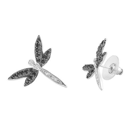 Insect Fancy Sparkly Dragonfly Bold Statement Black Simulated CZ Clear Simulated CZ .925 Sterling Silver Earrings