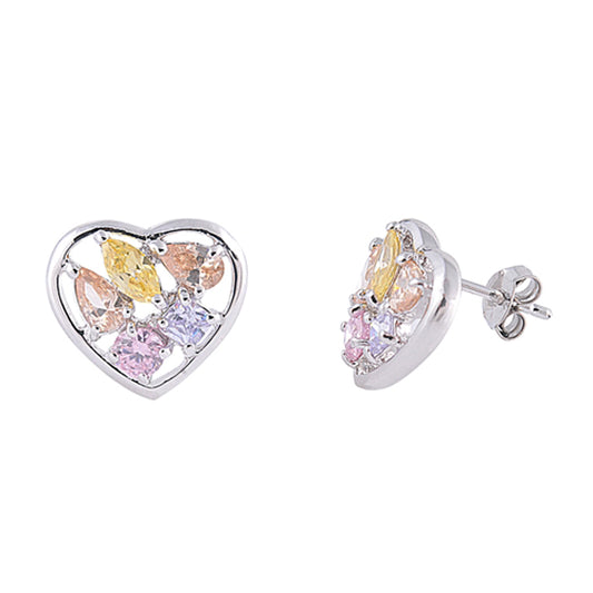 Unique Teardrop Studded Heart Promise Multicolor Simulated CZ .925 Sterling Silver Earrings
