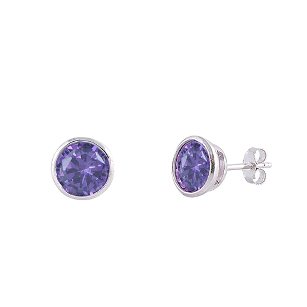 Simple Sparkly Circle Round Simulated Amethyst .925 Sterling Silver Classic Earrings