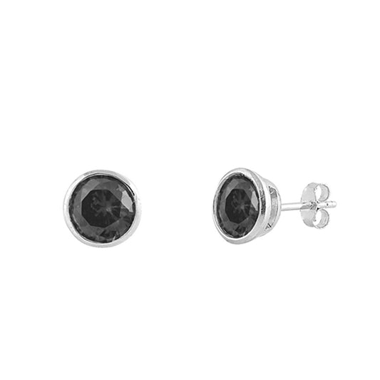 Sparkly Standard Circle Round Black Simulated CZ .925 Sterling Silver Earrings