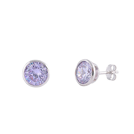 Classic Sparkly Circle Round Simulated Lavender .925 Sterling Silver Simple Earrings