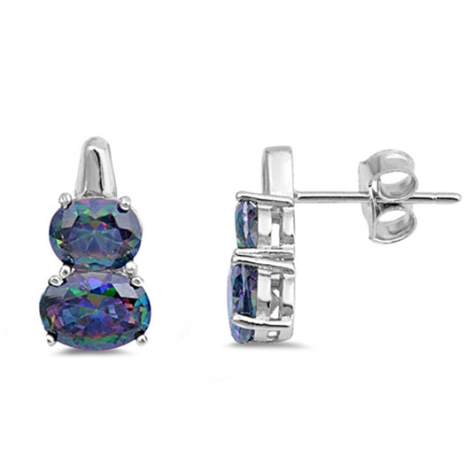 Stacked Oval Post Simple Rainbow Simulated Topaz .925 Sterling Silver Earrings