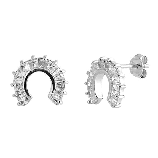 Animal Bold Sparkly Burst Horseshoe Country Clear Simulated CZ .925 Sterling Silver Earrings