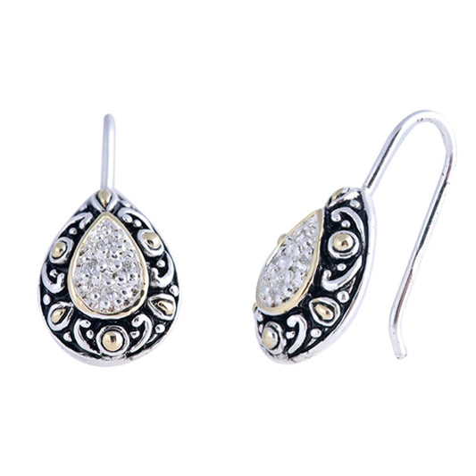 Sparkly Bali Style Oxidized Teardrop Bohemian Clear Simulated CZ .925 Sterling Silver Earrings
