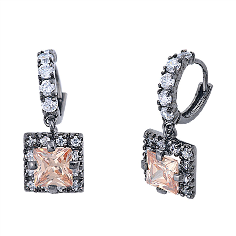 Classic Square Dangle Sparkly Champagne Simulated CZ Clear Simulated CZ .925 Sterling Silver Earrings