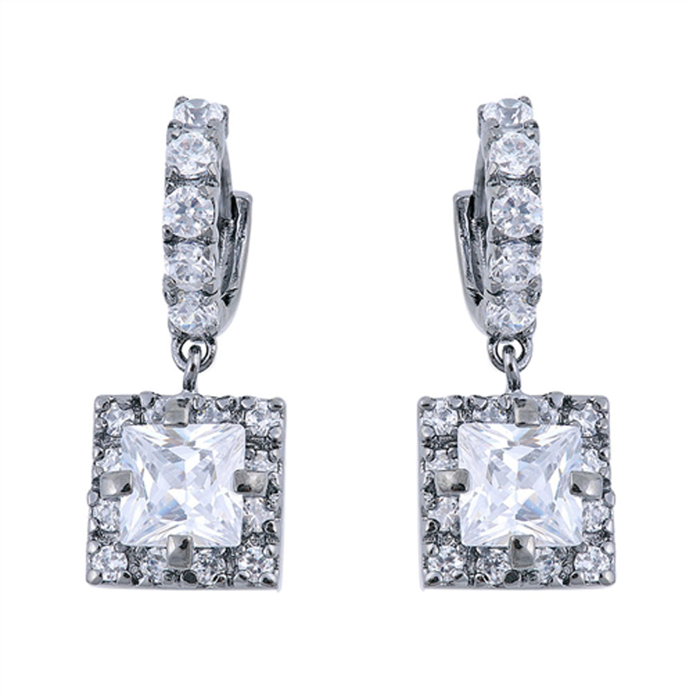 Old Fashioned Vintage Square Classic Clear Simulated CZ .925 Sterling Silver Earrings