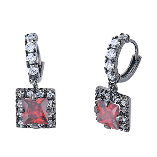 Vintage Square Dangle Classic Simulated Garnet Clear Simulated CZ .925 Sterling Silver Earrings