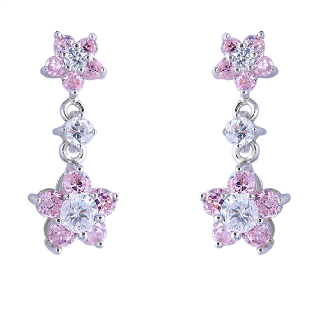 Stacked Flower Cute Double Plumeria Dangle Long Pink Simulated CZ Clear Simulated CZ .925 Sterling Silver Earrings