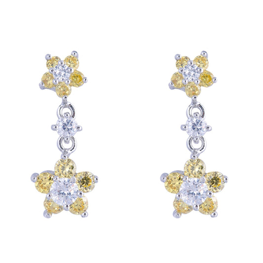 Stacked Dangle Double Plumeria Flower Vintage Yellow Simulated CZ .925 Sterling Silver Earrings