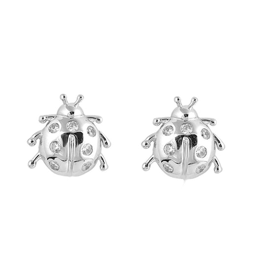 Insect High Polish Lady Bug Cute Clear Simulated CZ .925 Sterling Silver Earrings