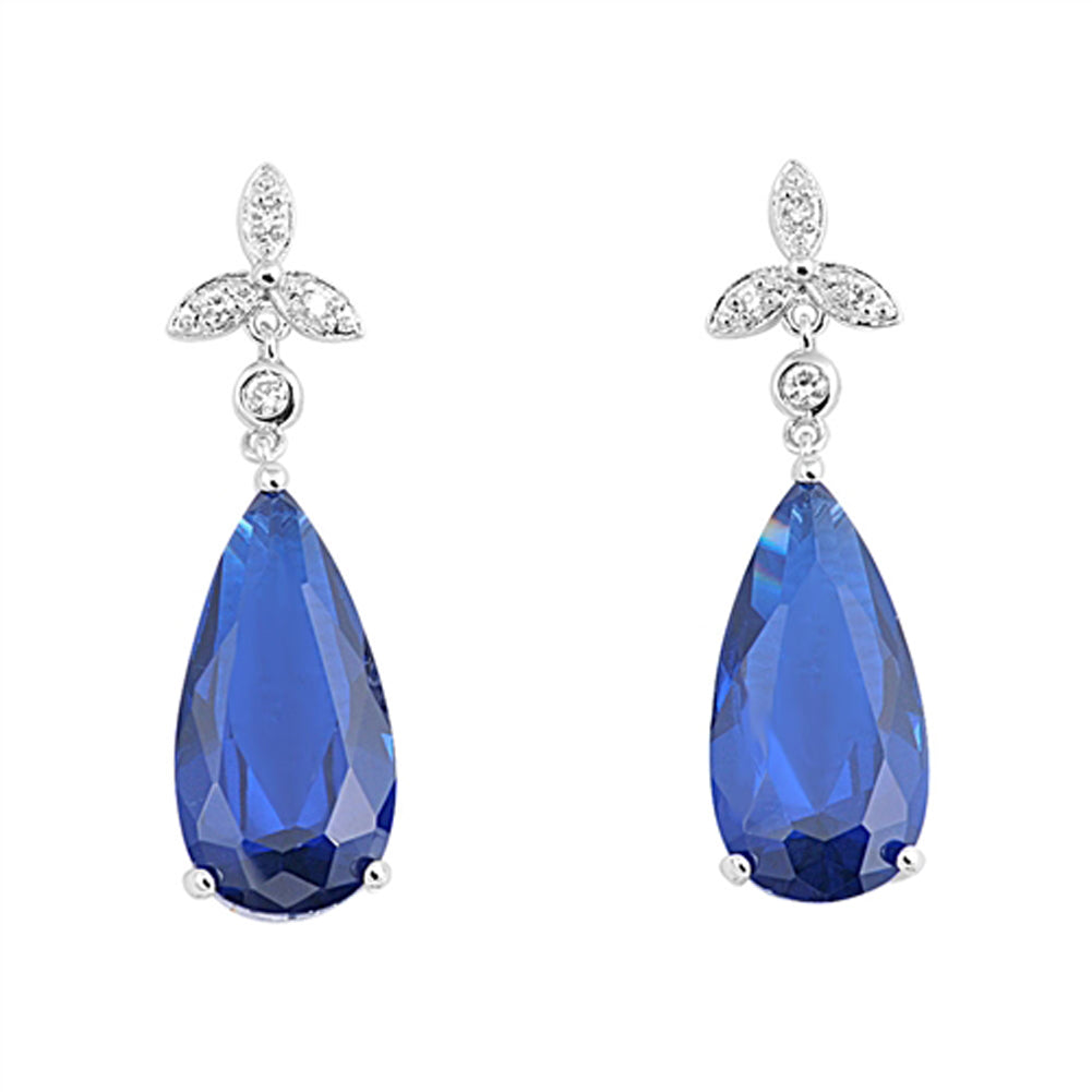 Flower Dangle Fancy Sparkly Teardrop Three Leaf Blue Simulated Sapphire .925 Sterling Silver Earrings