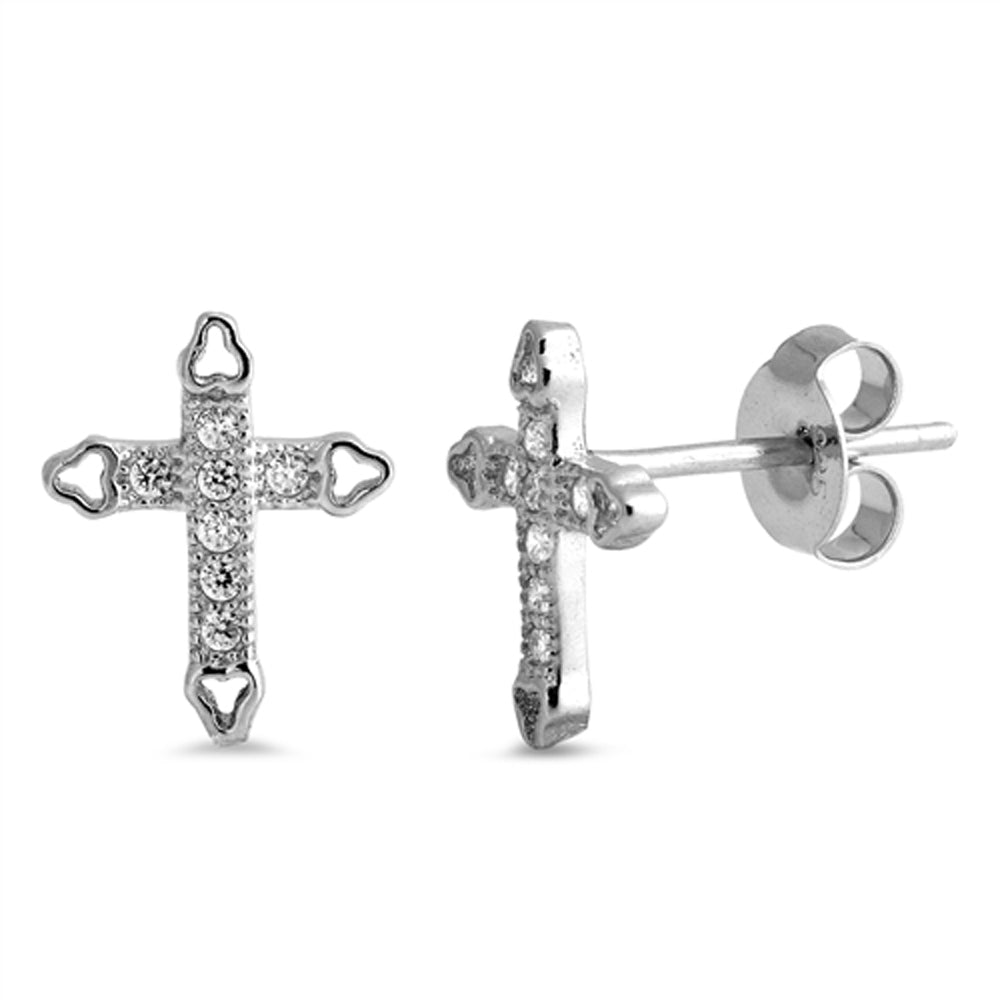 Sterling Silver Cross Studded Traditional Elegant Victorian Earrings Clear CZ