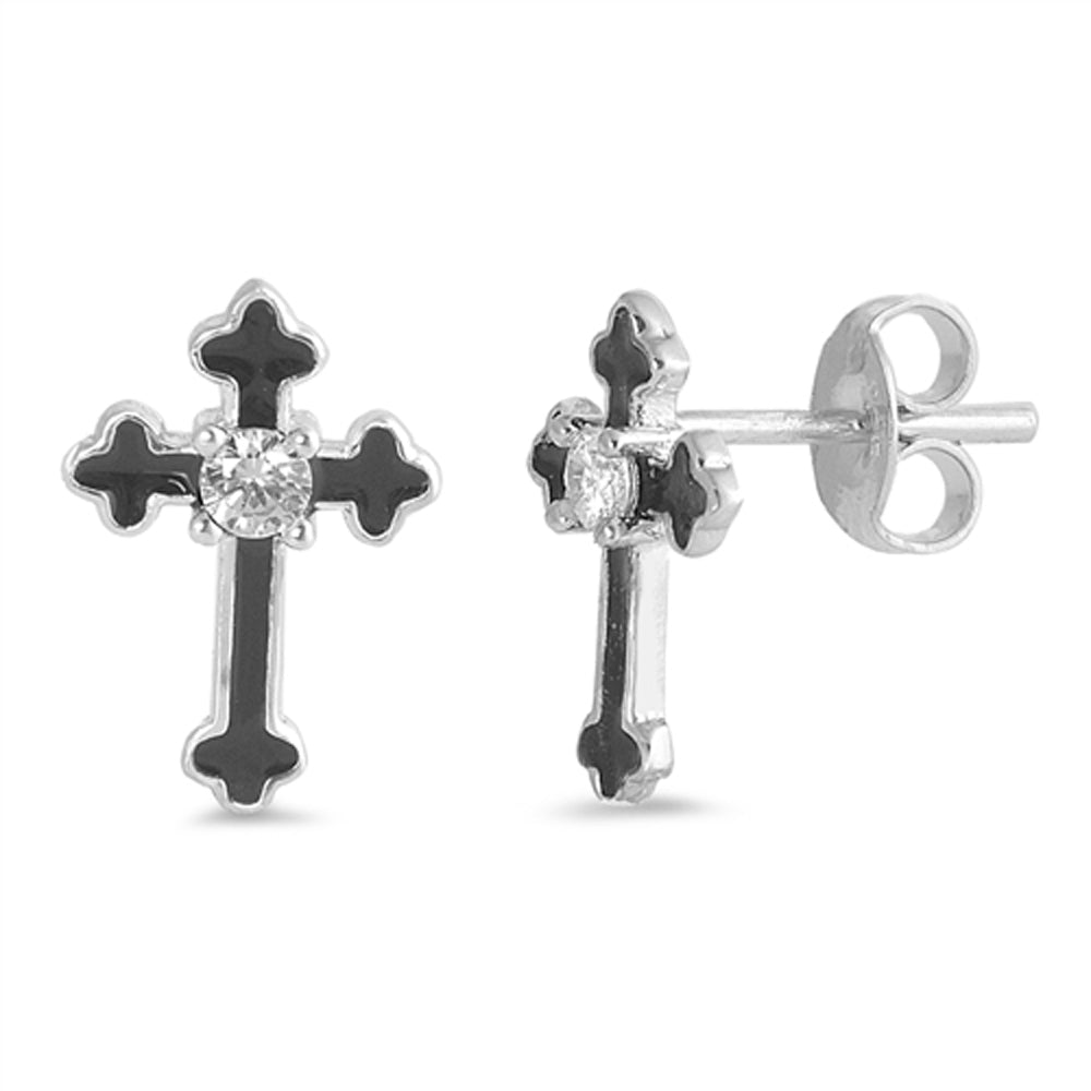 Sterling Silver Simple Cross Gothic Studded Renaissance Earrings Clear CZ 925