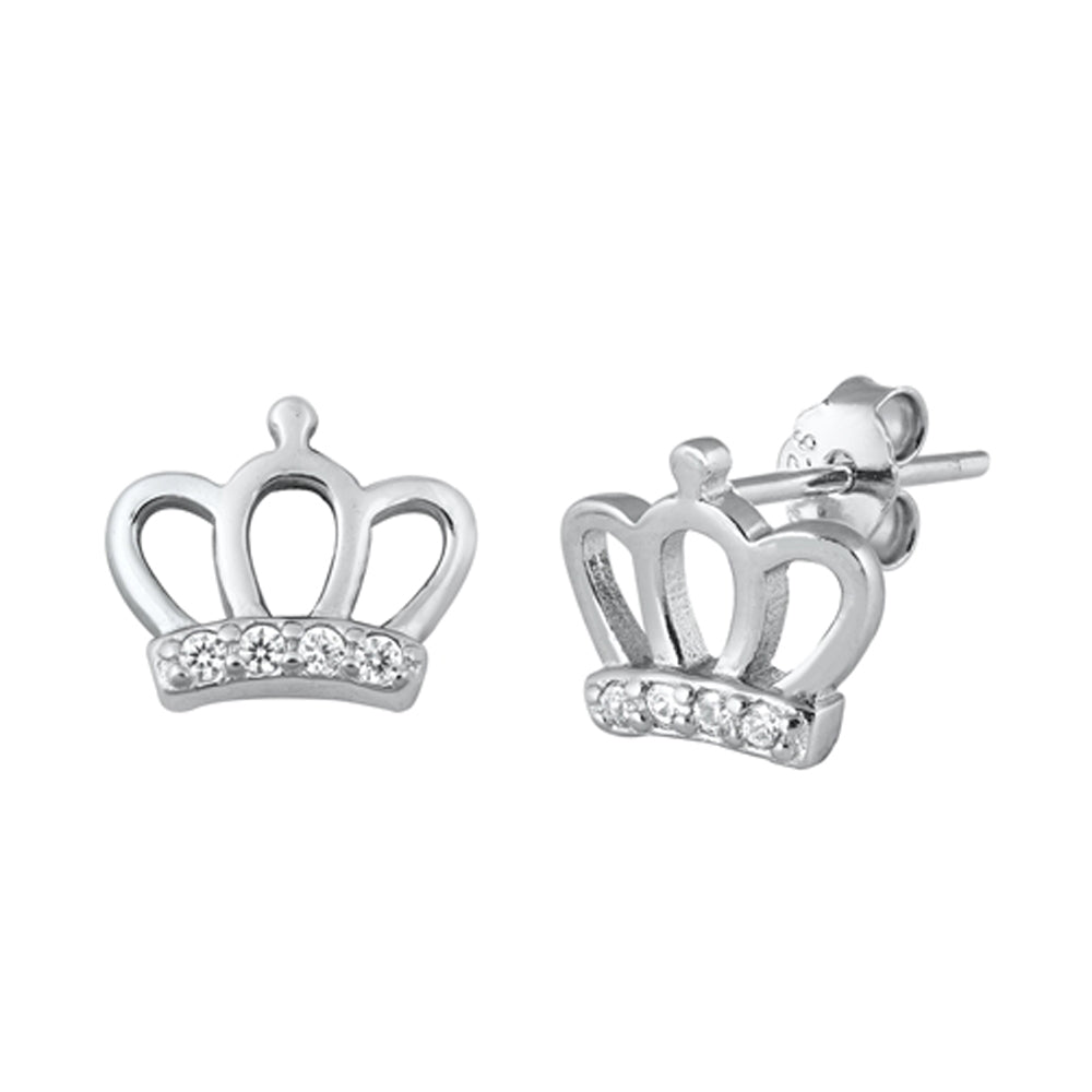 Sterling Silver Royal Crown Outline Queen Studded Earrings Clear CZ 925 New