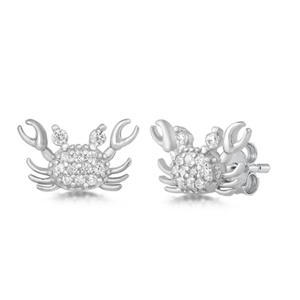 Sterling Silver Cluster Crab Animal Ocean Beach Stud Earrings Clear CZ 925 New