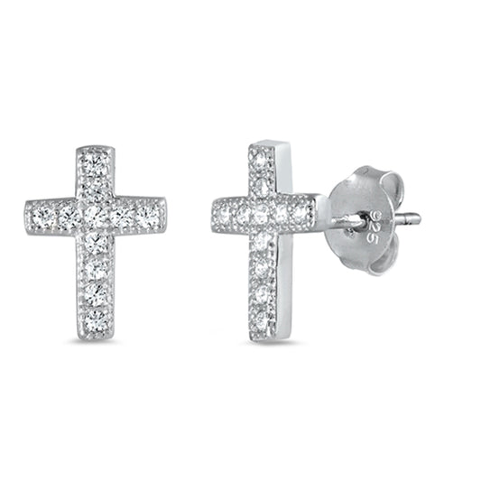 Sterling Silver Classic Studded Cross Elegant Faith Micro Pave Earrings Clear CZ
