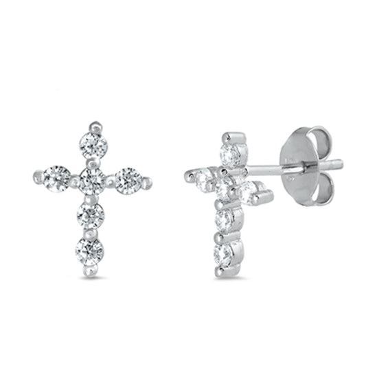 Sterling Silver Simple Cross Elegant Studded Traditional Earrings Clear CZ 925