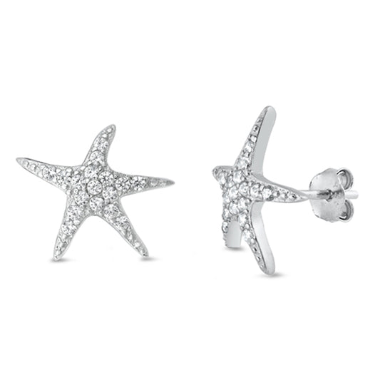Sterling Silver Studded Starfish Star Animal Beach Ocean Earrings Clear CZ 925