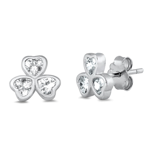 Sterling Silver Promise Heart Clover Shamrock Flower Cute Earrings Clear CZ 925