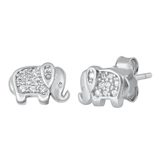 Sterling Silver Studded Elephant Animal Cluster Cute Earrings Clear CZ 925 New