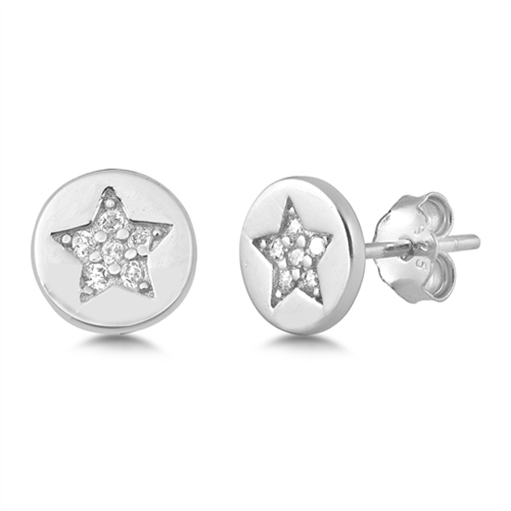 Sterling Silver Studded Star Medallion Cluster High Polish Earrings Clear CZ 925