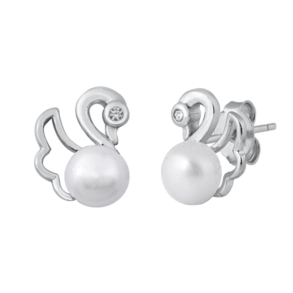 Sterling Silver Cute Bird Swan Animal Cute Earrings Freshwater Pearl Clear CZ