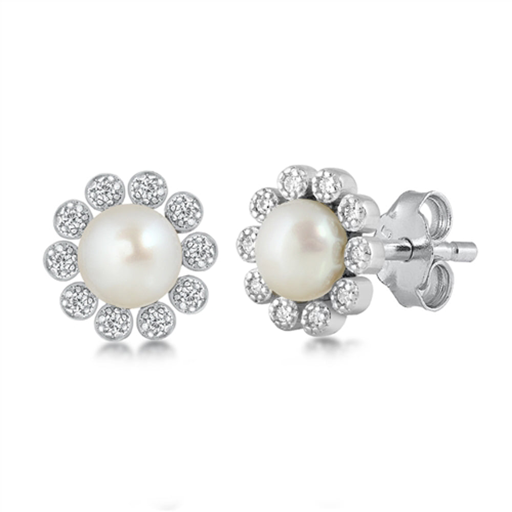 Sterling Silver Flower Vintage Style Fashion Earrings Clear CZ Freshwater Pearl