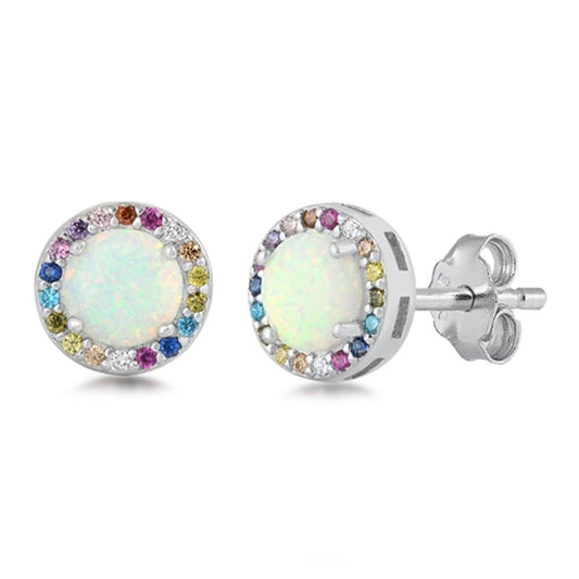 Sterling Silver Halo Rainbow Earrings White Synthetic Opal Multicolor CZ 925 New
