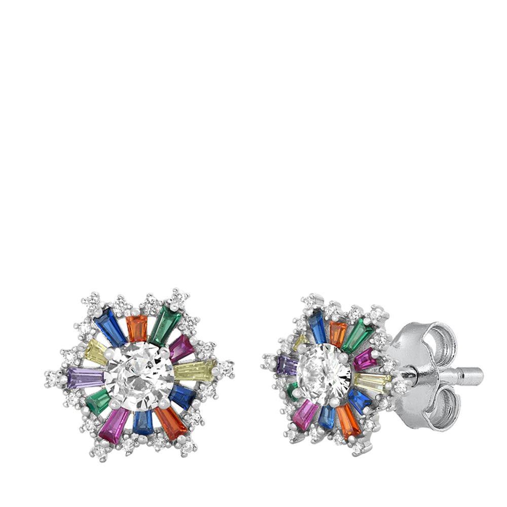Sterling Silver Rainbow Flower Multicolor Burst Vintage Style Earrings 925 New