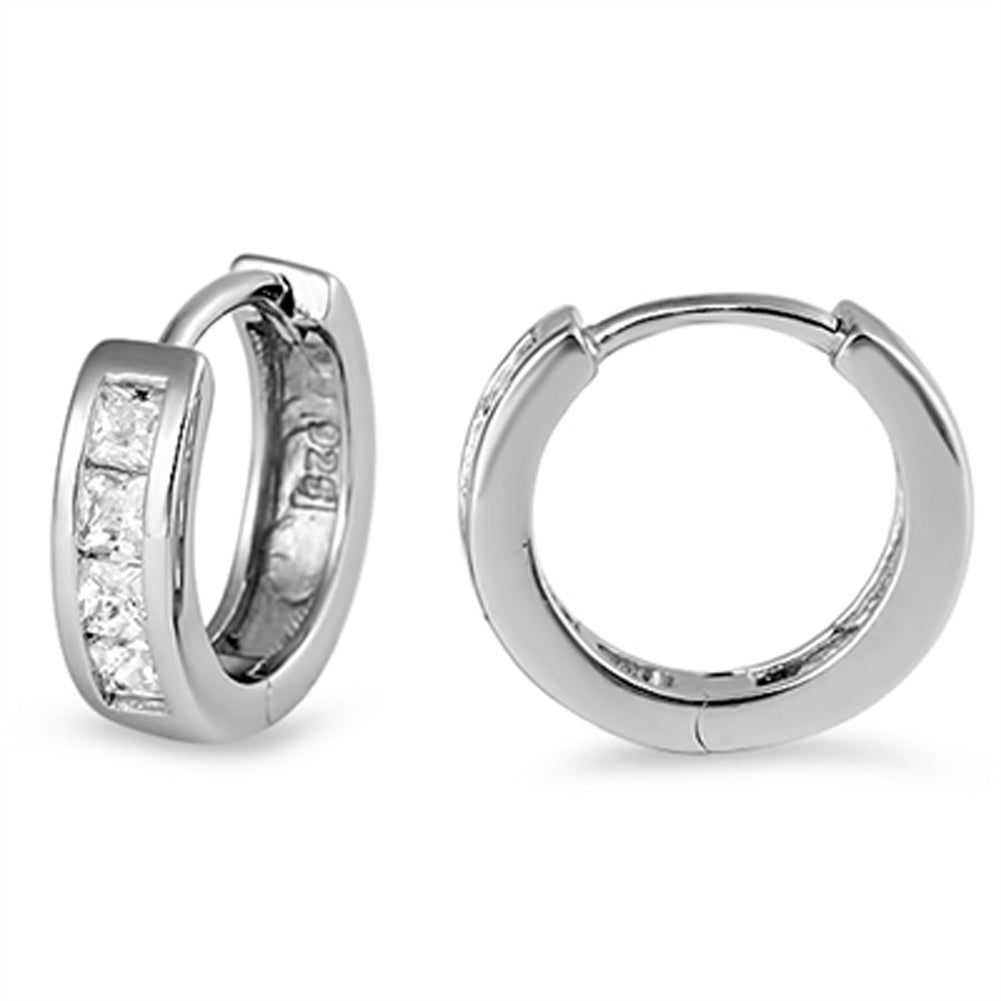 Chunky Studded Huggie Sparkly Clear Simulated CZ .925 Sterling Silver Huggie Hoop Earrings