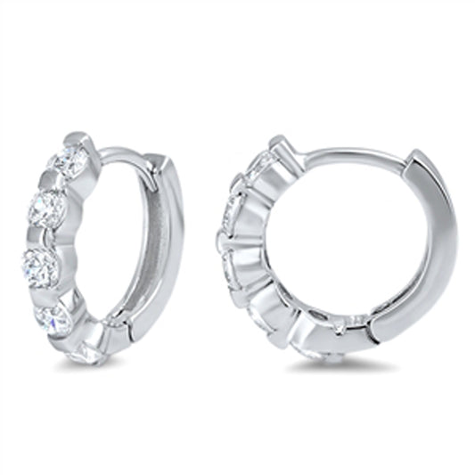 Studded Huggie Burst Clear Simulated CZ .925 Sterling Silver Sparkly Huggie Hoop Earrings