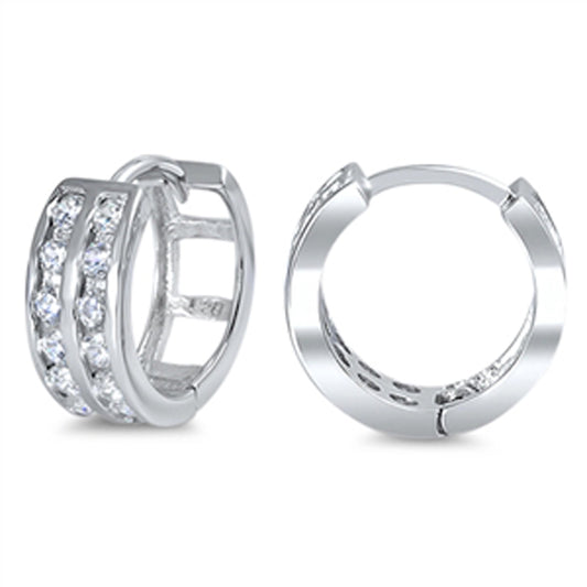 Square Cutout Cute Studded Huggie Open Clear Simulated CZ .925 Sterling Silver Huggie Hoop Earrings