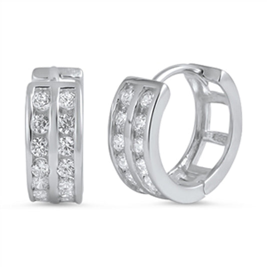 Studded Hoop Sparkly Clear Simulated CZ .925 Sterling Silver Open Huggie Hoop Earrings