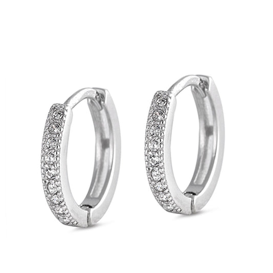 Simple Studded Hoop Classic Clear Simulated CZ .925 Sterling Silver Sparkly Huggie Hoop Earrings