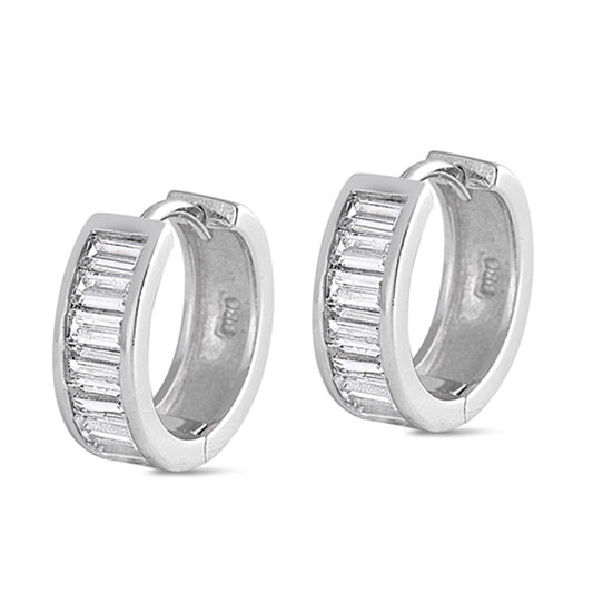 Unique Linear Studded Hoop Sparkly Clear Simulated CZ .925 Sterling Silver Huggie Hoop Earrings