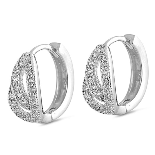 Open Sparkly Knot Weave Hoop Studded Clear Simulated CZ .925 Sterling Silver Huggie Hoop Earrings