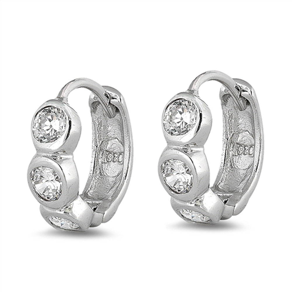 Sterling Silver Studded Modern Hoop Round Elegant Huggie Earrings Clear CZ 925