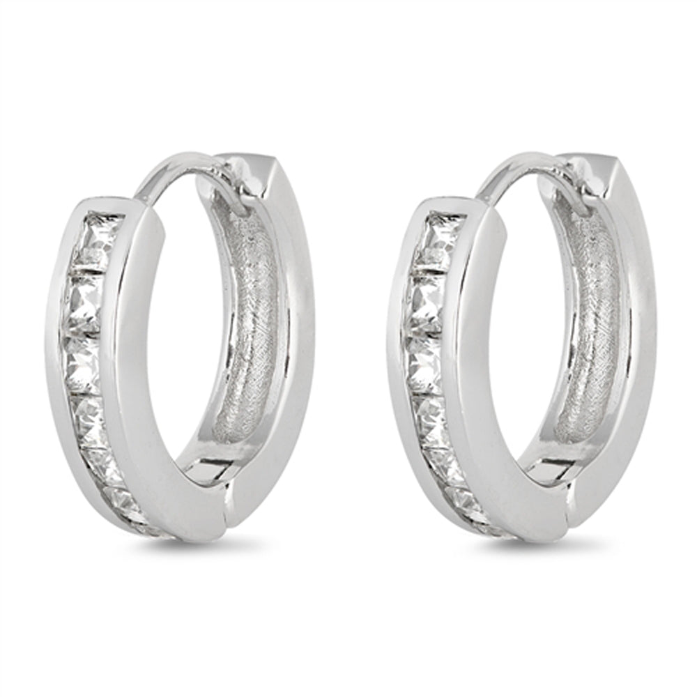 Sterling Silver Classic Hoop Elegant Studded Traditional Earrings Clear CZ 925