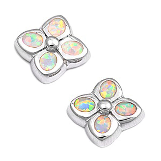 Flower Earrings White Simulated Opal .925 Sterling Silver