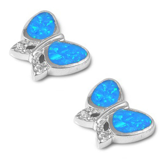 Sparkly Animal Butterfly Bug Blue Simulated Opal Clear Simulated CZ .925 Sterling Silver Earrings