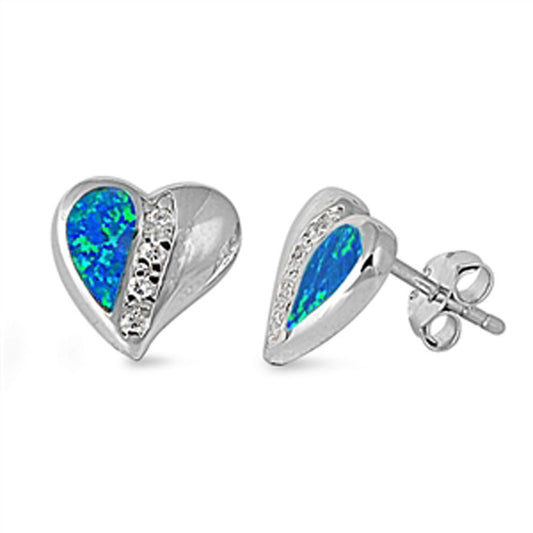 Heart Earrings Blue Simulated Opal Clear Simulated CZ .925 Sterling Silver