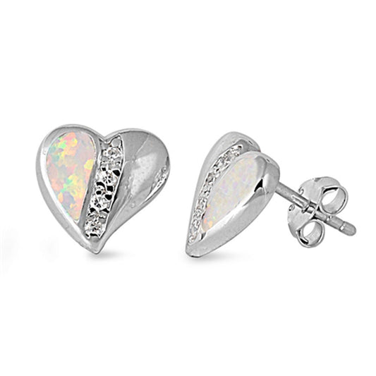 Studded Promise Heart Eternity White Simulated Opal Clear Simulated CZ .925 Sterling Silver Earrings